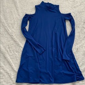Blue faux turtle neck shoulder cut out dress